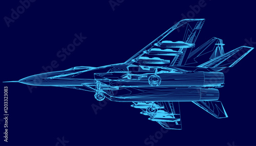 Blue jet is shown in a computerized image. The jet is in the middle of the image and is the main focus. The image has a futuristic and technological feel to it