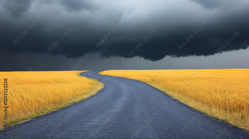 The road leading into a storm, dramatic dark clouds looming in the sky.
The road leading into a storm, dramatic dark clouds looming in the sky.