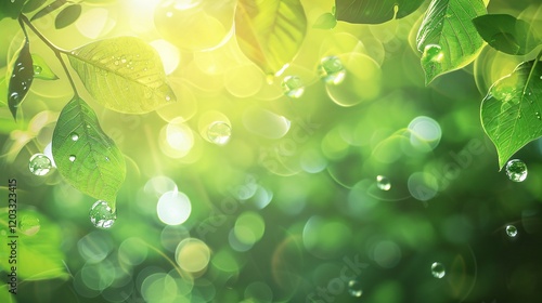 Soft focus bokeh and light bubbles on green foliage, photorealistic and minimal style