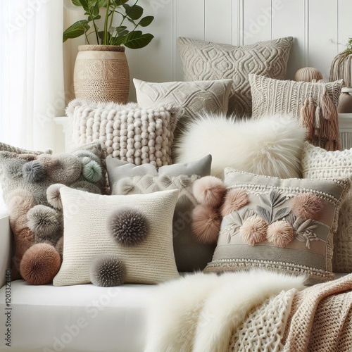 Plush throw pillows in various textures and patterns arranged ne