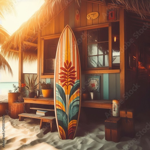 Retro Surfboard A classic longboard surfboard with a bright trop