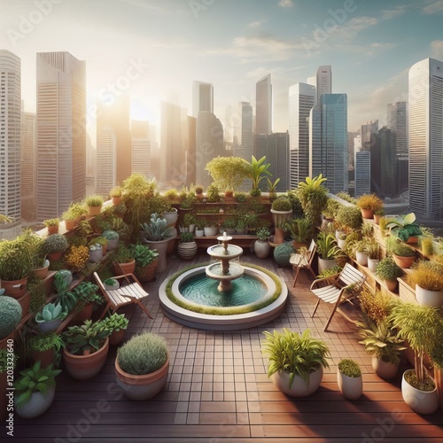 Rooftop Garden A rooftop garden filled with potted plants and a