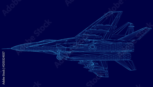 Blue jet is shown in a computer-generated image. The jet is depicted in a stylized and abstract manner, with its wings and tail appearing as a series of dots. Scene is futuristic and technological