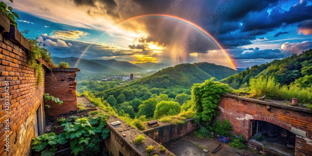 Obraz premium Lush green mountains meet urban exploration; sunbeams paint a rainbow across the scene.