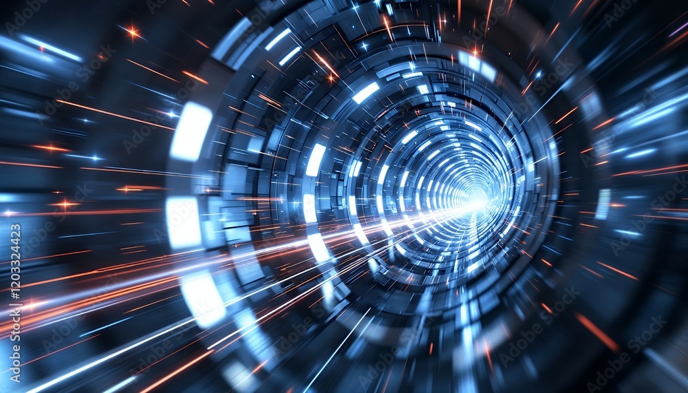 Obraz premium High-speed digital tunnel with glowing lines and bright lights, futuristic technology, abstract background
