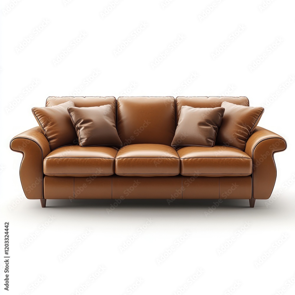 Fototapeta premium Brown leather sofa, three cushions, elegant.