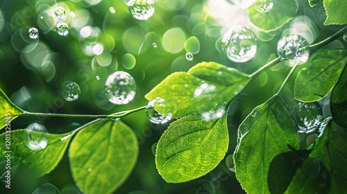 Bokeh and light bubbles on green leaves, photorealistic and minimal style