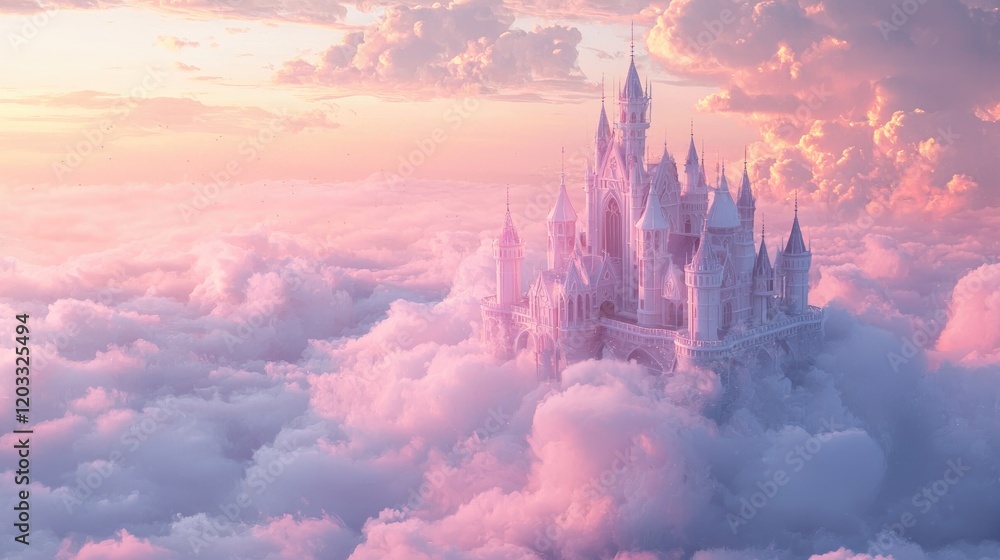 Fototapeta premium Enchanted Castle Above the Clouds Dreamlike Fairytale Landscape