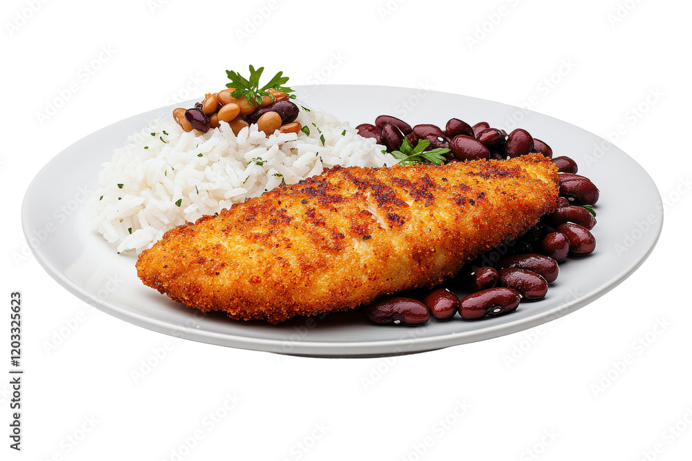 Grilled Fish Fillet with Rice and Beans on a White Plate isolated on transparent background Grilled Fish Fillet with Rice and Beans on a White Plate isolated on transparent background