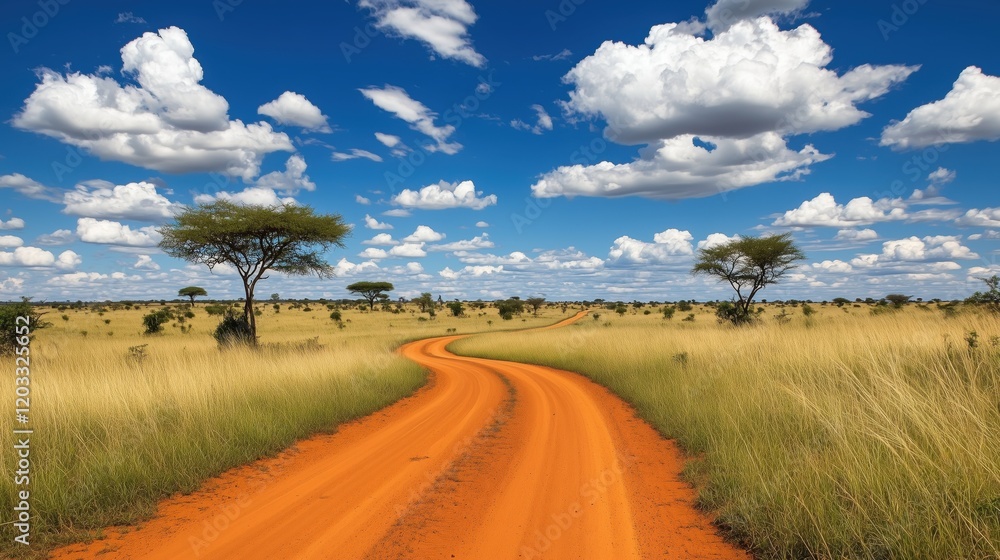 Fototapeta premium The dirt road winds gently across the sprawling plains, surrounded by golden grass and framed by a clear, sunny sky adorned with soft clouds.