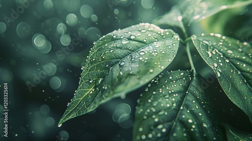 Dew-covered leaves with light bubbles and bokeh, photorealistic and minimal style