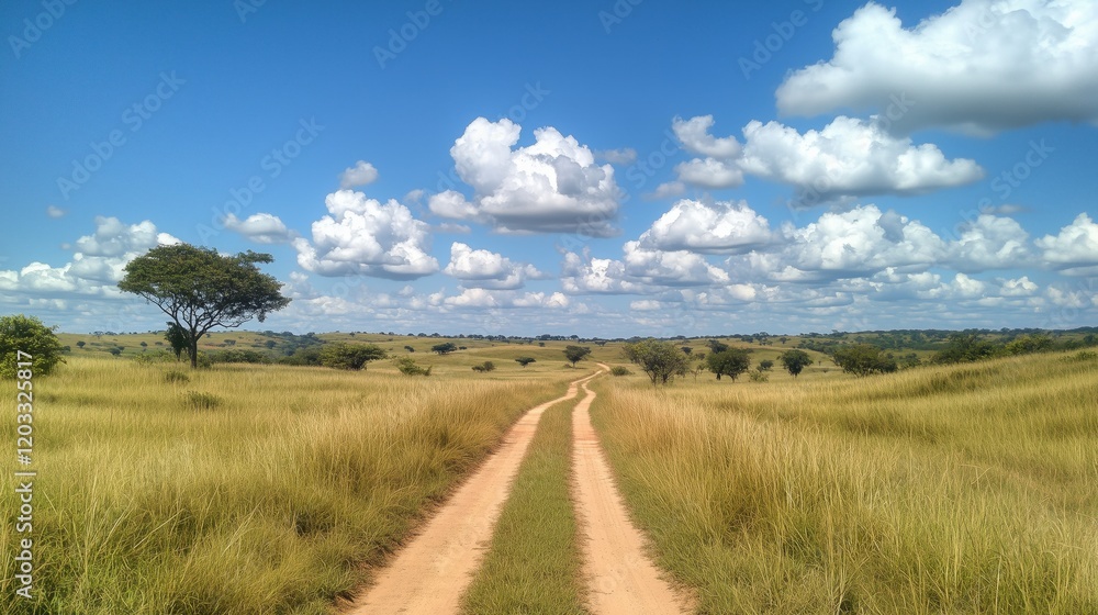 The dirt road winds gently across the sprawling plains, surrounded by golden grass and framed by a clear, sunny sky adorned with soft clouds. The dirt road winds gently across the sprawling plains, surrounded by golden grass and framed by a clear, sunny sky adorned with soft clouds.
