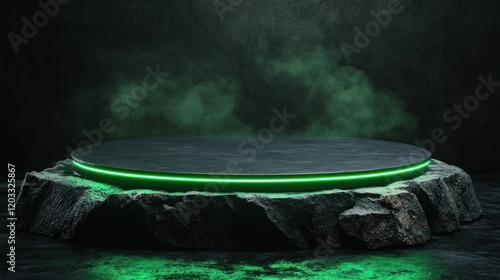 A futuristic black podium with glowing green neon edges, positioned on a rugged round stone platform against a dark and moody background