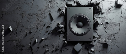 Vibrant black subwoofer breaking through cracked concrete wall for an electrifying sound experience in a modern DJ setting photo