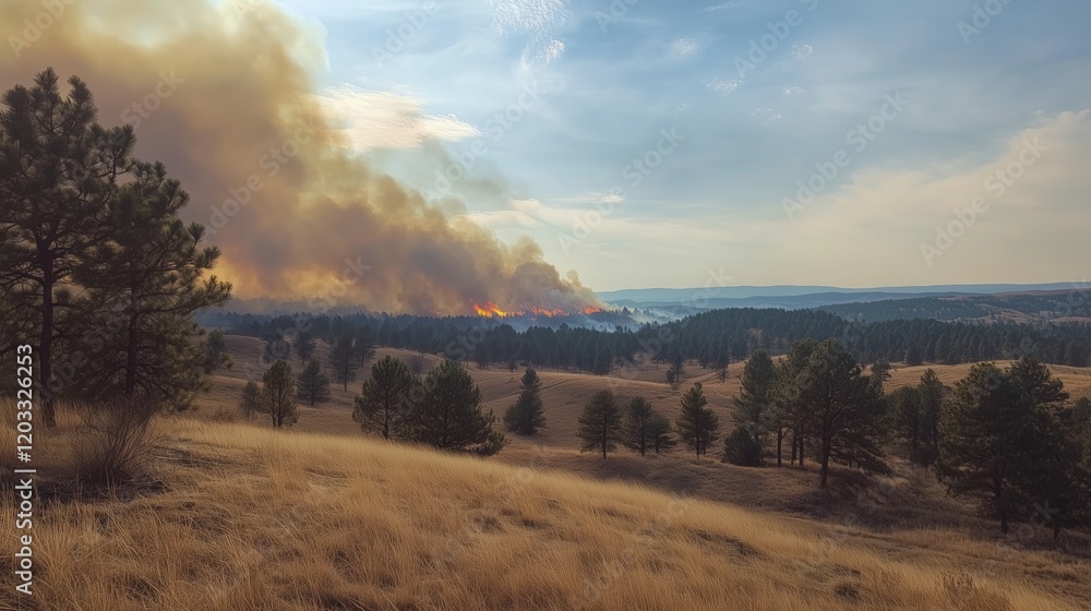 The forest fire rages through the dry grassland, its flames leaping and crackling as they consume the wooded area, creating a scene of intense destruction under the daylight sky. The forest fire rages through the dry grassland, its flames leaping and crackling as they consume the wooded area, creating a scene of intense destruction under the daylight sky.