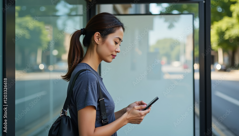 Waiting at the bus stop while checking the phone, observant woman enjoys a sunny afternoon moment Waiting at the bus stop while checking the phone, observant woman enjoys a sunny afternoon moment