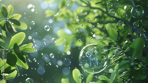 Natural light bubbles and bokeh on foliage, photorealistic and minimal style