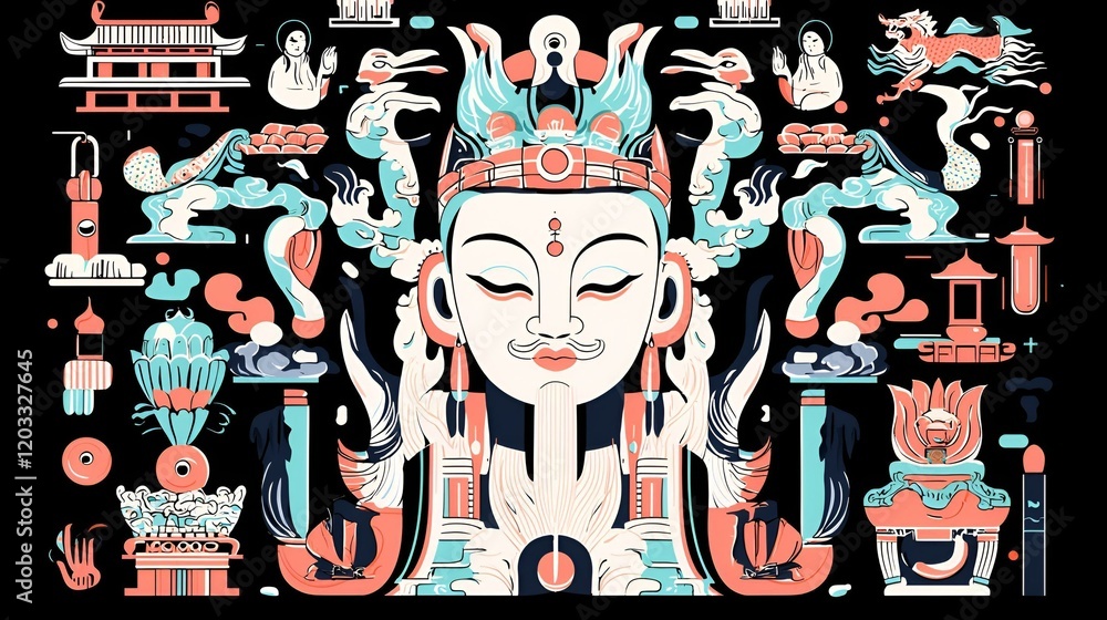Obraz premium Spiritual Harmony, a vibrant graphic design featuring an array of spiritual symbols, intertwined patterns, and harmonious colors celebrating unity.