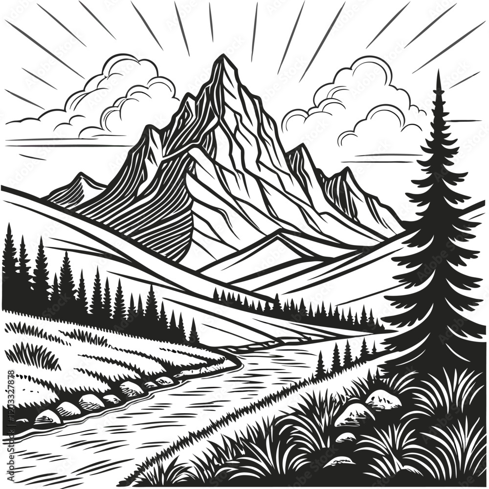 Fototapeta premium Vintage Hand-Drawn Woodcut Mountain Landscape Illustration in Black and White