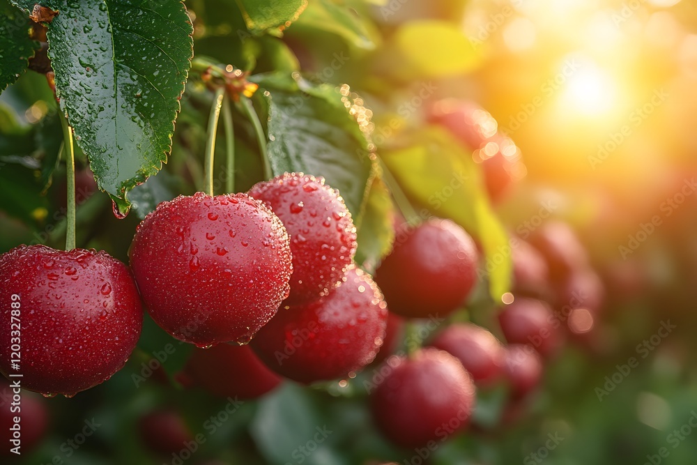 Obraz premium Red Cherries with Dew in Sunlit Orchard - Nature's Freshness for Summer Prints