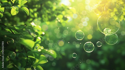 Light bubbles and natural bokeh on green foliage, photorealistic and minimal style