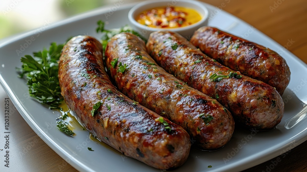 Grilled sausages garnished with parsley and mustard dip Grilled sausages garnished with parsley and mustard dip