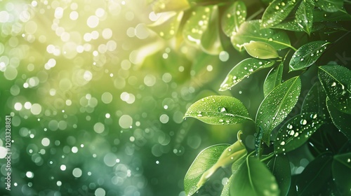 Dewy leaves with sparkling light bubbles and bokeh, photorealistic and minimal style