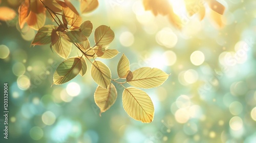 Leaves with bokeh and light reflections, photorealistic and minimal style