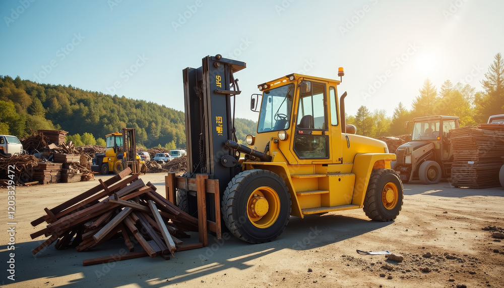 Obraz premium Forklift maneuvers slowly amidst lumber stacks at a rustic workshop under the golden afternoon sun