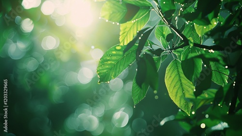Natural light reflections and bokeh on leaves, photorealistic and minimal style
