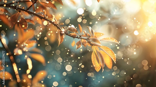 Natural light reflections and bokeh on leaves, photorealistic and minimal style
