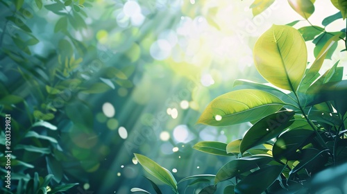 Natural light reflections and bokeh on leaves, photorealistic and minimal style