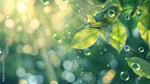 Sunlit leaves with light bubbles and bokeh, photorealistic and minimal style
