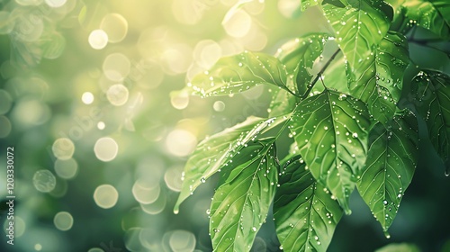 Sunlit leaves with light bubbles and bokeh, photorealistic and minimal style