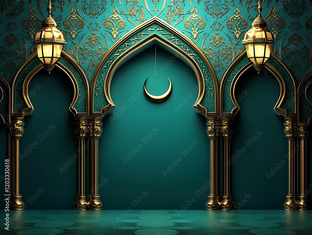 Elegant Islamic Architecture with Golden Accents and Teal Walls Elegant Islamic Architecture with Golden Accents and Teal Walls