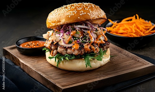 Fusion Burger Delight, a mouthwatering blend of Asian flavors in a gourmet burger, featuring bold spices and fresh ingredients. photo