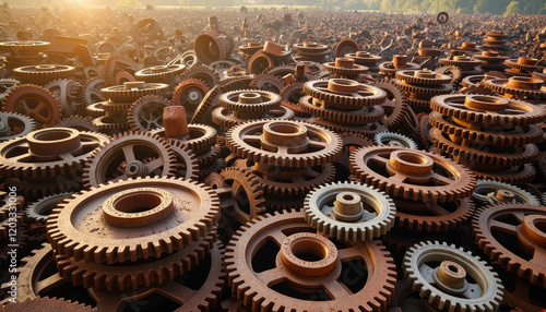 Rusting gears create an industrial landscape at sunset, showcasing nature reclaiming mechanical remnants photo