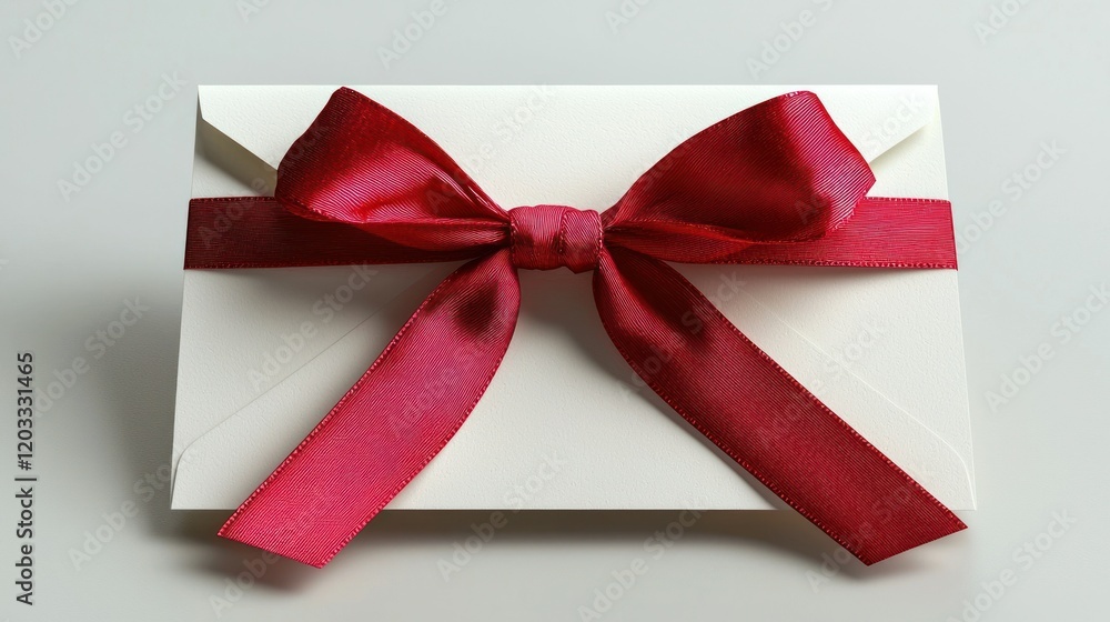 White envelope tied with red ribbon on gray background White envelope tied with red ribbon on gray background