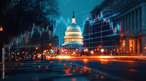 A dynamic holographic forex chart with glowing financial trends hovering in front of the Capitol Dome, glowing softly in the background. photo