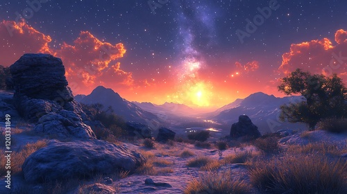 Night Sky Shines Above Majestic Alpine Landscape photo