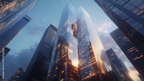 Night cityscape close-up of illuminated modern glass skyscrapers