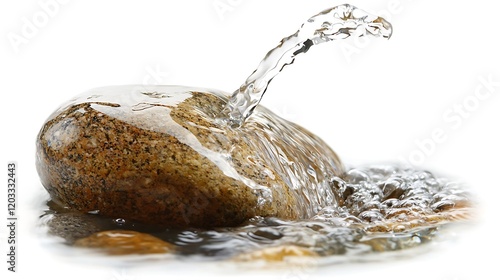 Water flowing over smooth rock on white background, spa concept photo