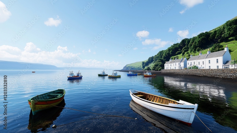 Fototapeta premium Coastal Village with Fishing Boats