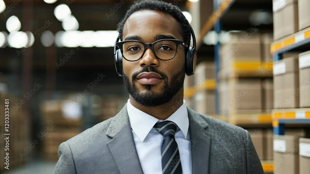 Professional man in suit and headphones overseeing operations in a busy warehouse environment Professional man in suit and headphones overseeing operations in a busy warehouse environment