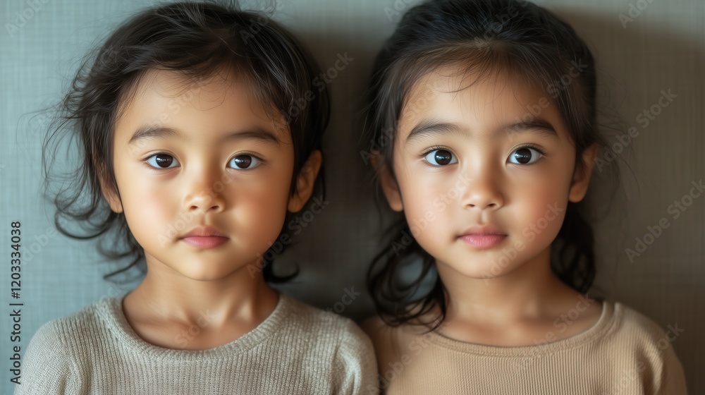 The two children stand side by side, their neutral expressions soft yet composed, framed by the simplicity of the indoor setting and plain background. The two children stand side by side, their neutral expressions soft yet composed, framed by the simplicity of the indoor setting and plain background.