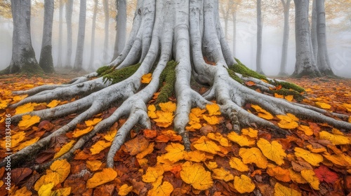 Majestic tree roots spread across the forest floor covered in fallen autumn leaves in a misty morning. photo