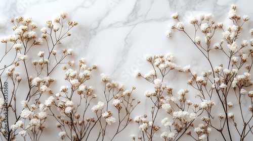 Wallpaper Mural Serene top view of a white marble background adorned with delicate dry white flowers creating a harmonious blend of natural elegance and minimalism emphasizing the empty space for design Torontodigital.ca