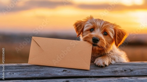A cute dog holds a brown envelope in its mouth, set against a beautiful sunset backdrop, creating a warm and inviting scene.