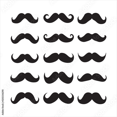 A white background with a grid of twelve black silhouette mustache designs.