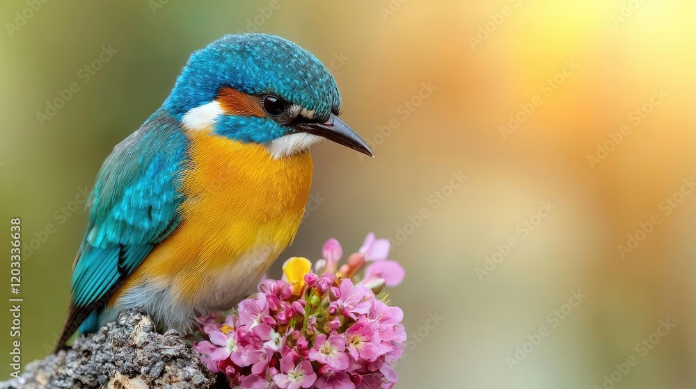Fototapeta premium Colorful bird perched on flowers, sunset background, nature photography, website banner